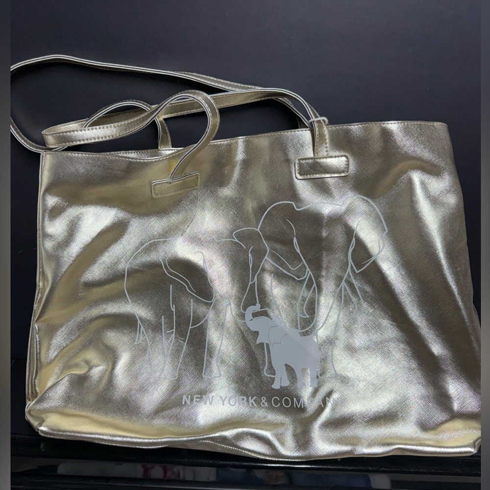 NEW New York & Company Gold Metallic Large Tote Bag with Elephants